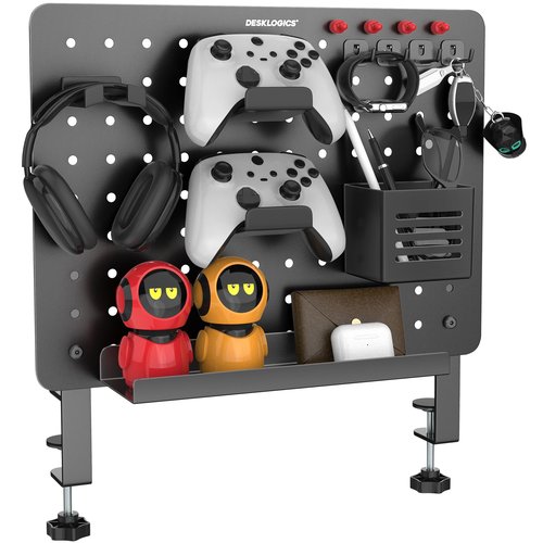 DeskLogics Clamp-on Desk Pegboard, Steel Desktop Organizer Magnetic Metal Peg Board for Gaming & Office, Standing Desk Accessories, No-Drill (Black)