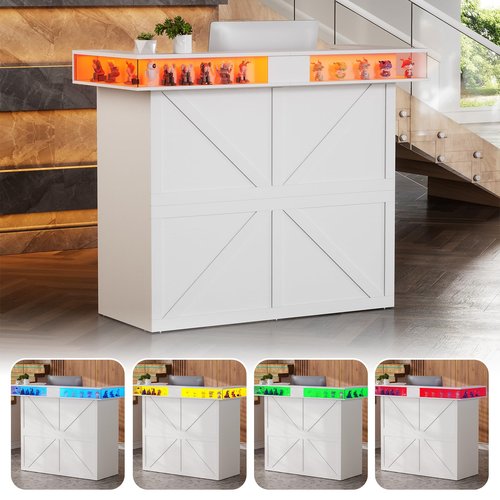 PAKASEPT Reception Desk with LED Lights, 55-Inch Front Counter Table with Lockable Drawer & Glass Display Shelf, Reception Room Table with Cable Grommet for Checkout, Lobby, Beauty Salon