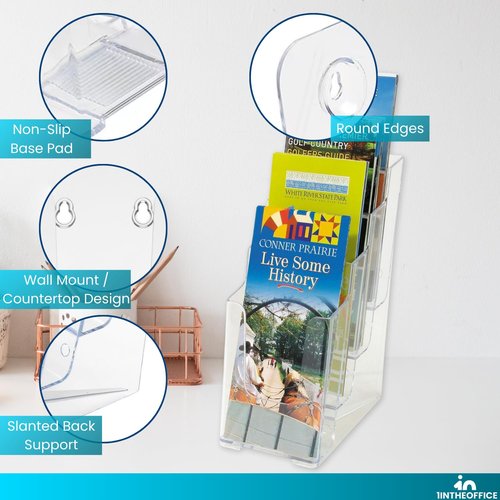 1InTheOffice Brochure Holder, Brochure Display Stand 4-Tier Pamphlet Holder Counter Top Use Clear Acrylic 4"x6"