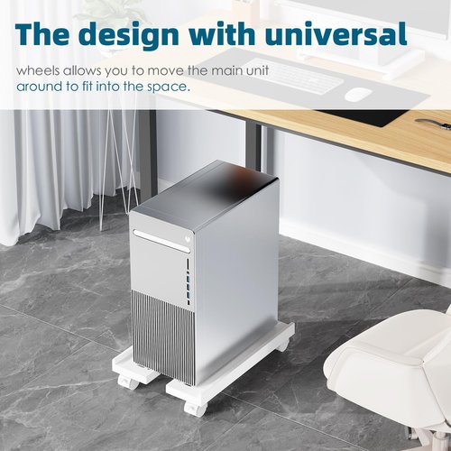 CABTE Adjustable Computer Tower Stand, Mobile CPU Stand with 4 Rolling Caster Wheels, Under Desk CPU Holder PC Floor Cart PC Riser for Gamers and Students (White)