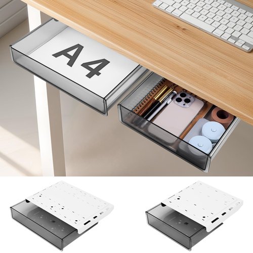2 Pack Hidden Attachable Drawer Under Desk, Slide Out Small Under Desk Drawer, Self-Adhesive Desks Storage Tray Drawers, for Office, Home, Kitchen, Dressing Table (2 Sizes, Black)