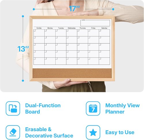 OWLKELA Magnetic Dry Erase Calendar & Cork Board - 17 x 13 Wall Organizer for Home, Office, School