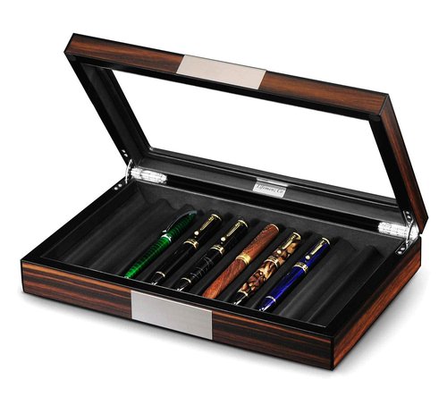 Lifomenz Co Wood Pen Box - 10 Slot Organizer With Glass Lid, Top Window Display Case for Collection Storage