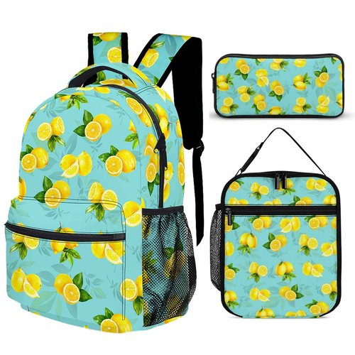 Psecoll 3pcs Cartoon Lemon & Leaf Backpack Set, Multi-functional Laptop Bag 17in Water Resistant Travel Daypack, Large Capacity Double Shoulder Backpack With Lunch Bag (Cartoon Lemon & Leaf