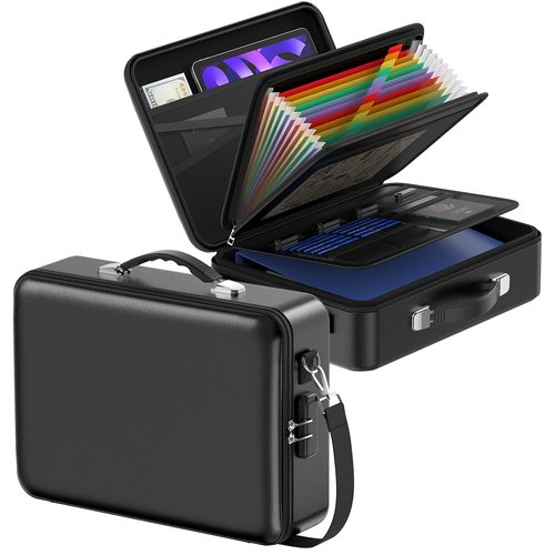 Chokoter Fireproof Document Box with Lock＆Shoulder Strap, Hard-Shell Case File Organizer with Accordion File Folder, Multi-Layer Portable Home Office (Black)