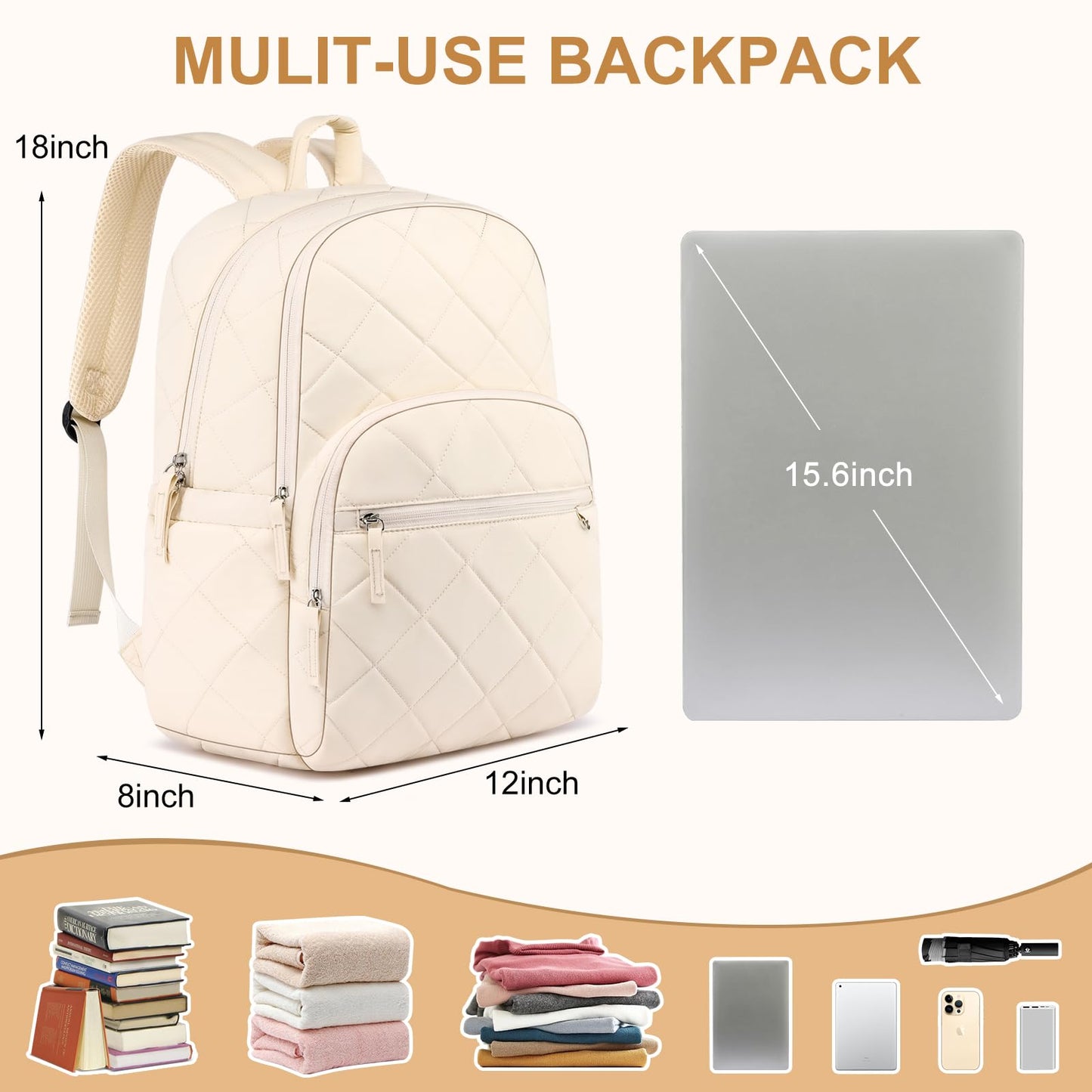 ZUBOND Backpack for Women, Quilted Puffer Casual Daypack, College School Backpack for Girls, Water-Resistant Bookbag for 15.6 Inch Laptop