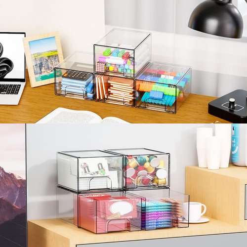 Yieach 4 Pack Stackable Storage Drawers,4.4" Tall Makeup Organizer Countertop,Clear Acrylic Storage Containers Bins for Vanity,Bathroom,Undersink,Plastic Baby Bottle and Medicine Cabinet Organization