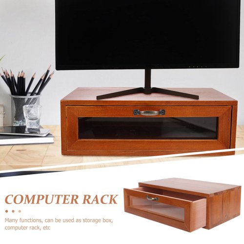 TOPBATHY Retro Wooden Monitor Stand Riser with Drawer: Desktop Storage Organizer for Office Supplies, Cosmetics, and Home Use