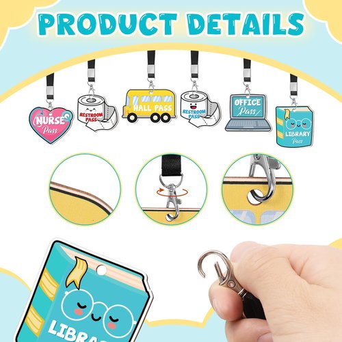 6 Set Hall Passes for Classrooms Wooden Hall Pass Lanyards Unbreakable School Passes for Hall Library Restroom Nurse Office School Classroom Supplies