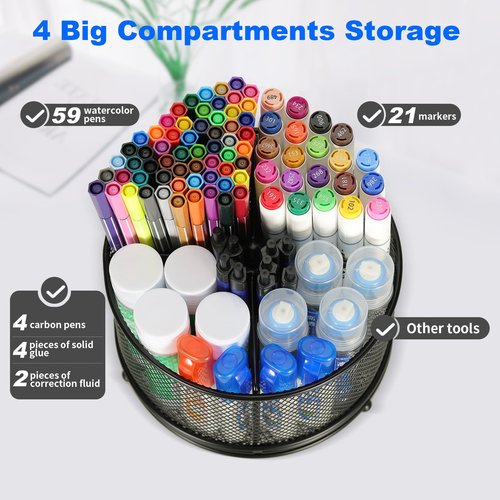 PNEUICALLY Pen Holder for Desk,360° Rotating Mesh Desk Organizer with Large Capacity 4 Compartments,Multi Functional Desk Accessories and Makeup Brush Holder for Office School Home (Black)