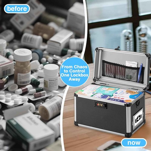 LOCKCURX 13.4 x 8 x 8.7 Inch Lockable Storage Box with Combination Lock, Portable Safe for Documents, Medicine, Cash & Valuables, Medicine Lock Box with Label Slot for Home, Office & Travel - Black