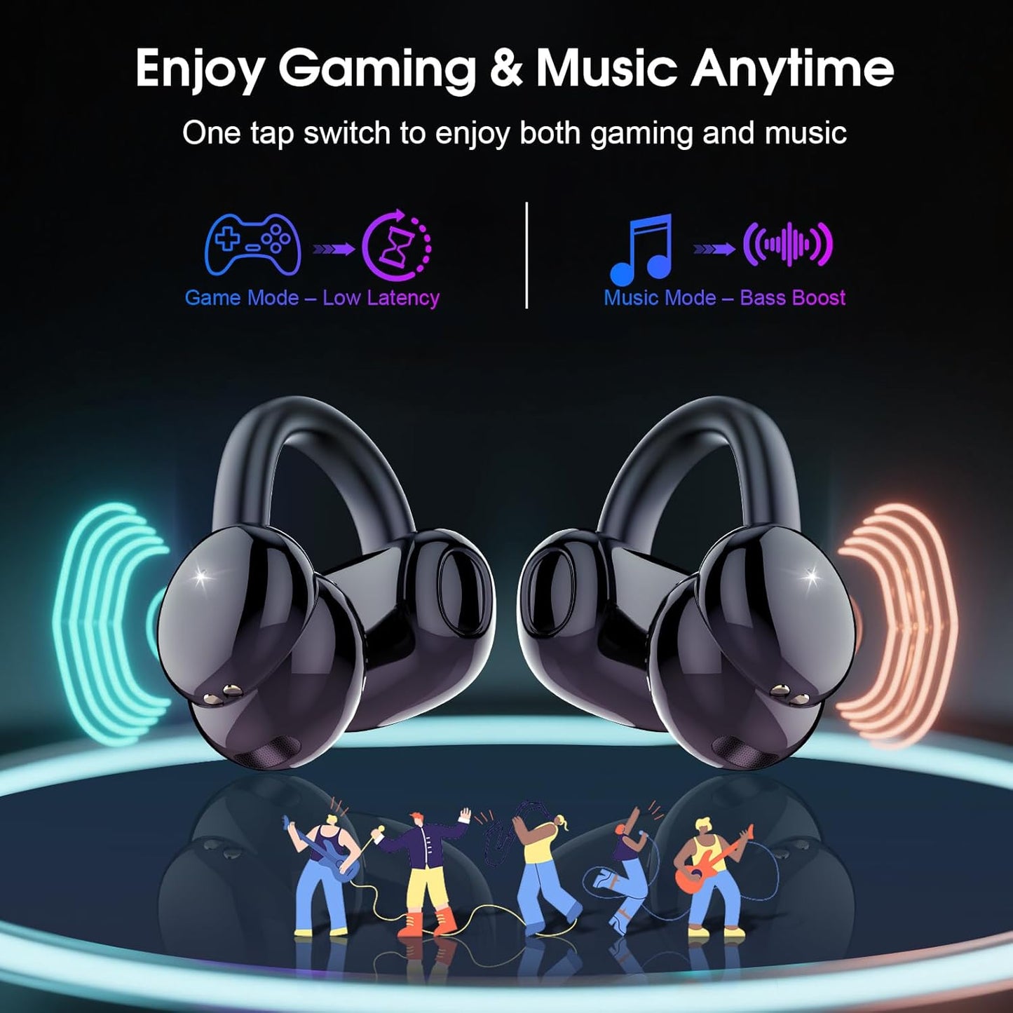 Skiennix Wireless Earbuds - Open Ear Bluetooth 5.4 Headphones with DNN Noise Cancelling, 48H Playtime, Secure Fit | Black