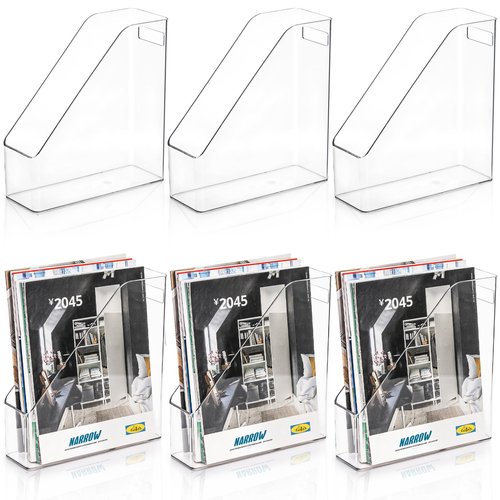 WRINGKIT 6 Pack Clear Magazine Holder, File Magazine Rack with Handle, Vertical Folder Document Storage, Magazine File Organizer for Desk, Office, Home, School
