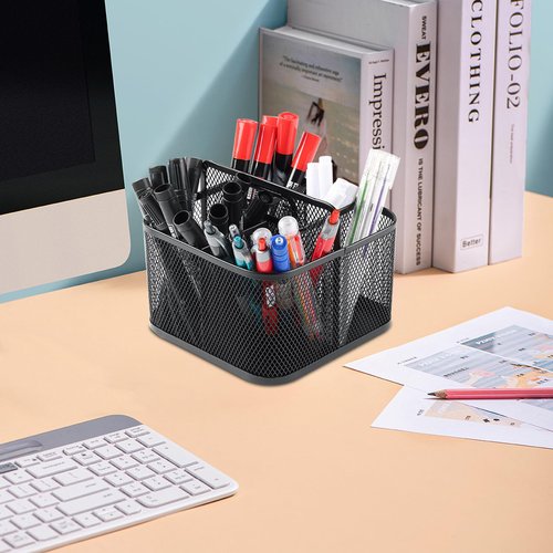 Yomjarl Desk Pen Organizers,360 Degree Rotating Pen Holder with Handle,Desk Organizer Office Supplies,Metal Mesh Makeup Organizer,Workspace and Home,Art Supply Storage Box Caddy-Rectangular,