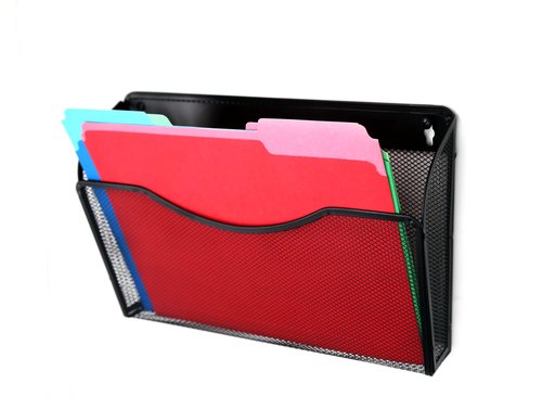 Huron Hanging Wall File Organizer Mail Sorter Document Folder Holder Clipboard Storage Organization, Black Metal Mesh