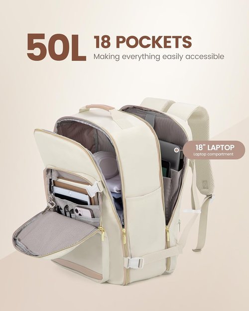 LOVEVOOK Travel Backpack - 50L Airline Approved Carry-On Bag | Waterproof with 3 Packing Cubes - Beige