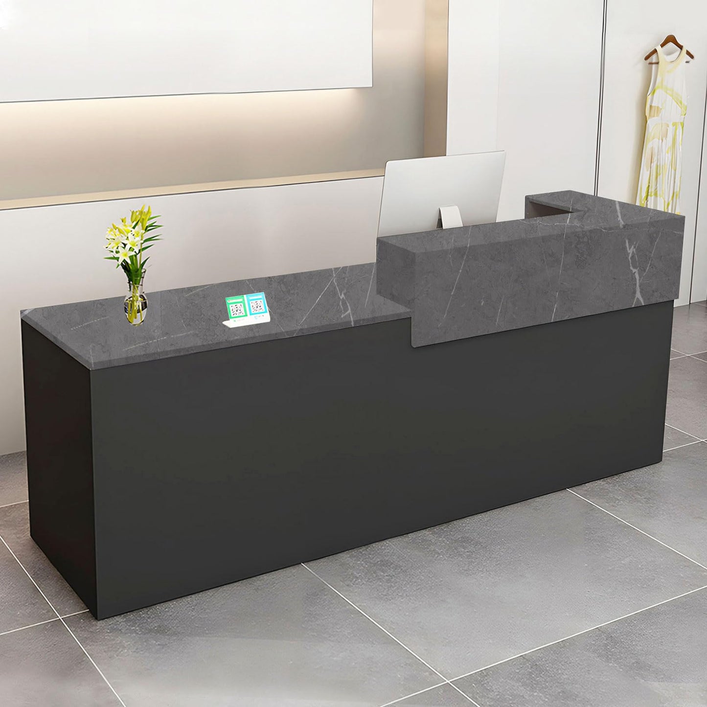 Modern Reception Desk with Drawer & Open Shelves, 39-95 Inch Front Counter Table, Computer Workstation Suitable for Salons, Offices, Lobbies, Retail Stores and Home Offices