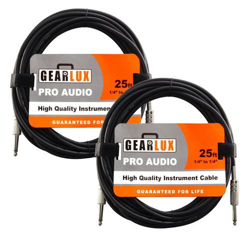 Gearlux Instrument Cable/Guitar Cable, 1/4 Inch, Straight to Straight, Black, 25 Feet - 2 Pack