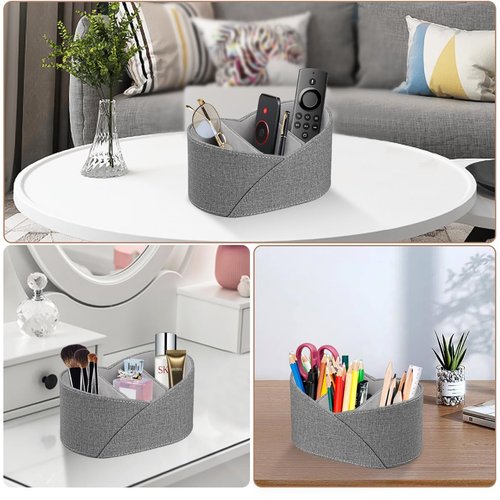 PU Leather Remote Control Holder with 3 Compartments, Modern Design Desk Accessories Workspace Organizer for Office/School/Home, Modern Nightstand Caddy Organizer for Makeup/Vanity/Stationery,Grey