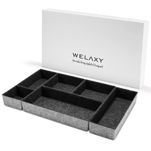 Welaxy Deluxe drawer organizers multi-purpose storage box junk bins soft but sturdy quiet luxury gift idea catch tray office home bathroom watches Jewelry nightstand holder 6-piece Style A (Charcoal)