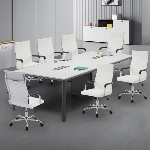 Haranuo Office Chair, Ergonomic Executive Conference Room Chairs, Ribbed Leather Desk Chair with Lumbar Support, Adjustable Height Mid-Back Swivel Chair (Square Tube Armrests, White)