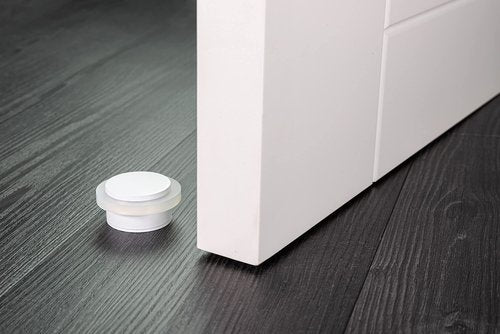 EVI Herrajes | White Door Stop | Modern Design | H:0.82“ - W:1.37” | Adhesive or Screw Installation Included | Natural Silicone Protection | Floor Door Stop