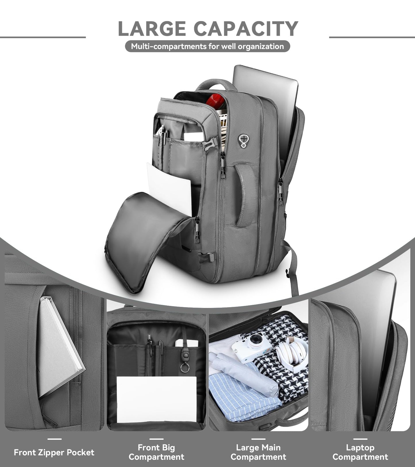 Carry On Backpack, 50L Extra Travel Laptop Backpack for Men Women, Big Bag Business Travel Essentials Gifts for men Flight Approved, 17 Inch Laptop Backpack Computer Bag Gifts for Him Men, Grey