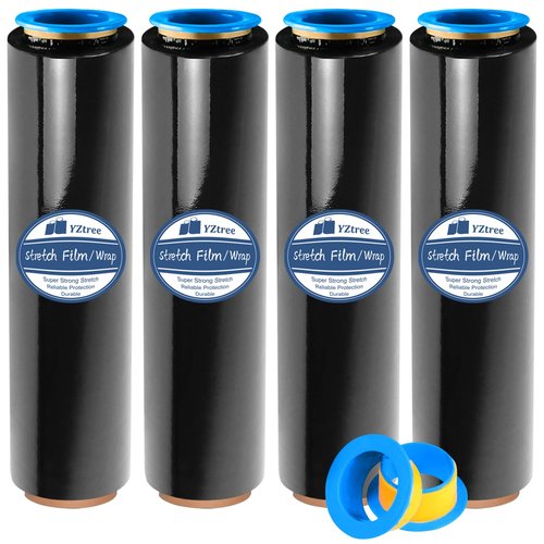 Black Pallet Wrap Stretch Film:4 Pack Moving Wrapping Plastic Roll with 2 Handles,18" Strength up to 800%,80 Gauge Thick Shrink Wrap Roll for Pallet Packaging,Transportation,Stability and Protection