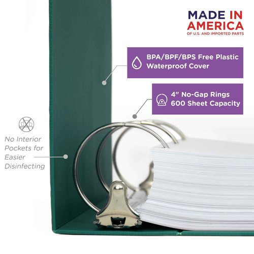 Carstens 4-Inch Heavy Duty 3-Ring Binder - Side Opening, Teal, Durable Plastic, Precision No-Gap Rings, Waterproof Cover, No Pockets, Holds 600 US Letter Sheets, BPA-Free, Made in USA (1847-3R)