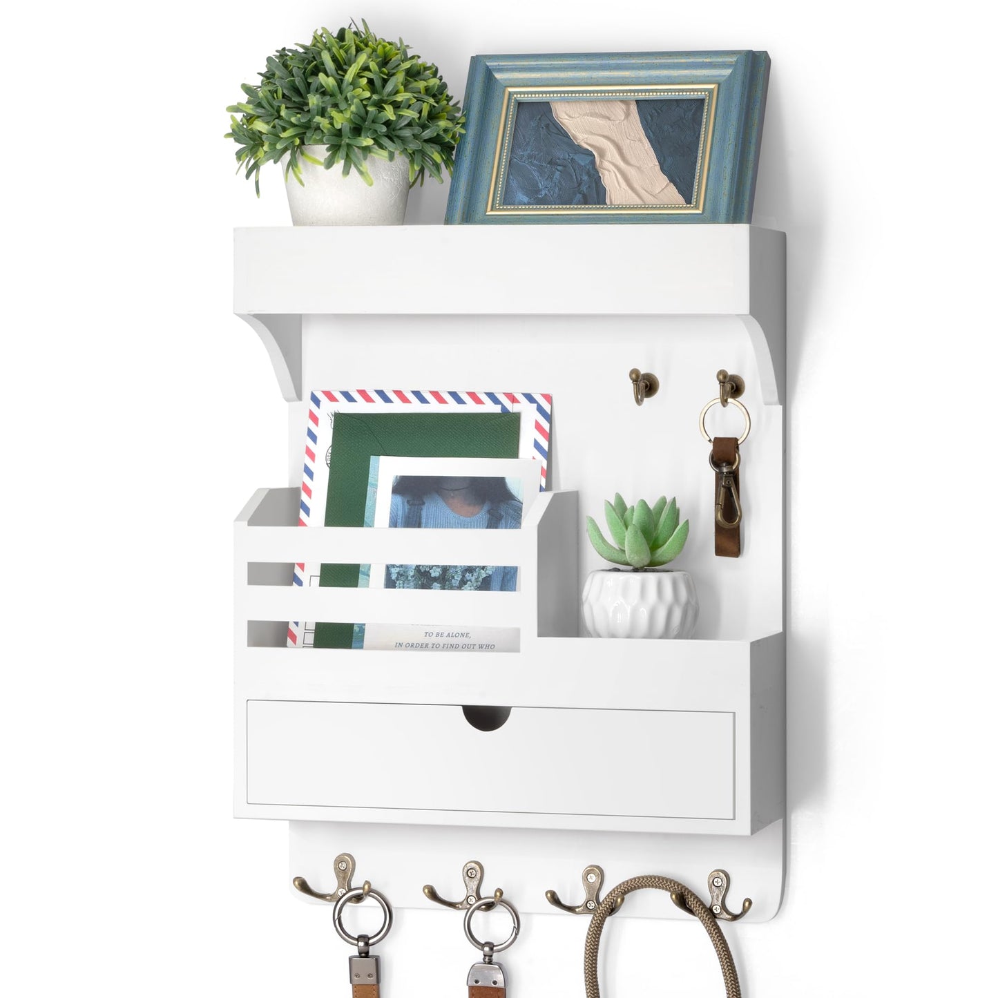 Rebee Vision Key Holder Wall Mount with Drawer Organizer – Pine Wooden Mail and Key Organizer with 6 Sturdy Hooks and Wall Shelf – Modern Living Room Decor for a Modern Home (White)