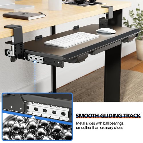 OUKMIC Large Height Adjustable Keyboard Tray with Sturdy C-Clamp Mount and Storage Drawer, 27"(31" Including Clamps) x 12" Slide Out Ergonomic Keyboard Trays for Home and Office, Black