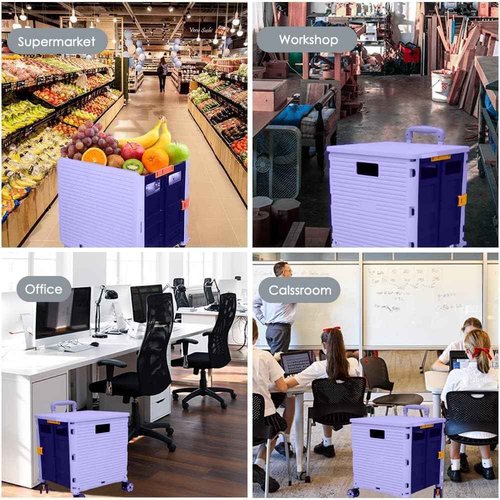 Rolling Crate Utility Cart Collapsible Tote Basket Teacher Cart with Lid Wear-Resistant Noiseless 360°Rotate Wheel Telescoping Handle for Trave Moving Luggage Use(Purple,110lbs)