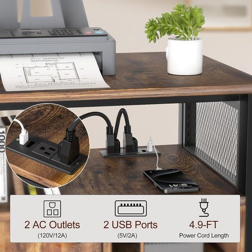 URLINE Lateral File Cabinet, Locking Office Filing Cabinets with Socket and USB Charging Port,printer cart with storage，Modern Rolling Printer Stand with Storage for Printer Scanner Fax，Brown