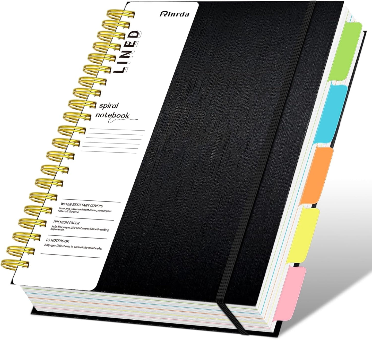 Skiennix Hardcover Spiral Notebook - 300 Pages, 5 Subject with Removable Dividers | Black 8"x10" College Ruled Journal for Work and Note Taking