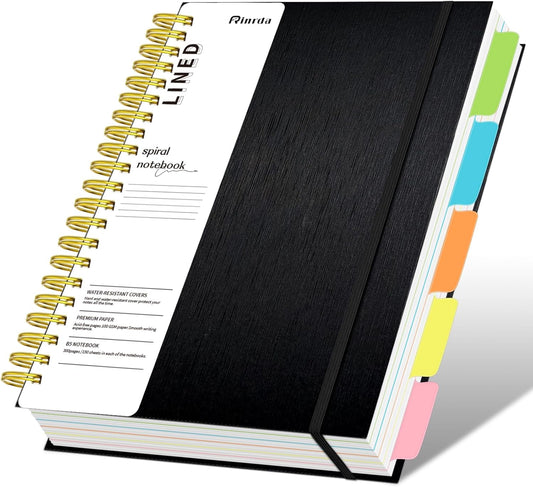 Skiennix Hardcover Spiral Notebook - 300 Pages, 5 Subject with Removable Dividers | Black 8"x10" College Ruled Journal for Work and Note Taking