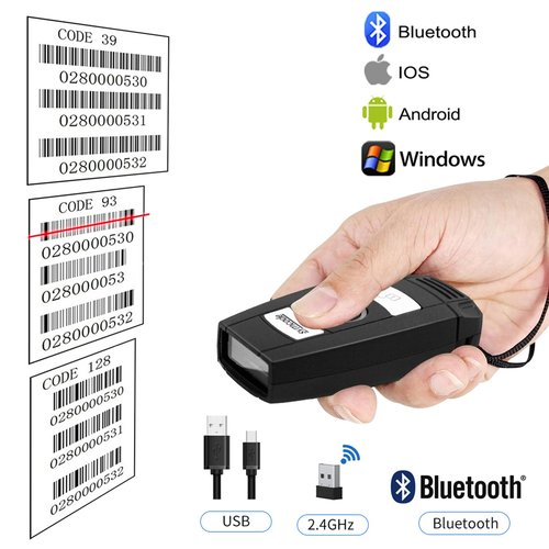 Mini 2D Portable Handheld Bluetooth Barcode Scanner Wireless 2.4G & USB Wired 3-in-1 Bar Code Scanner Portable USB QR Code Scanner for Windows.Android.iOS.MAC