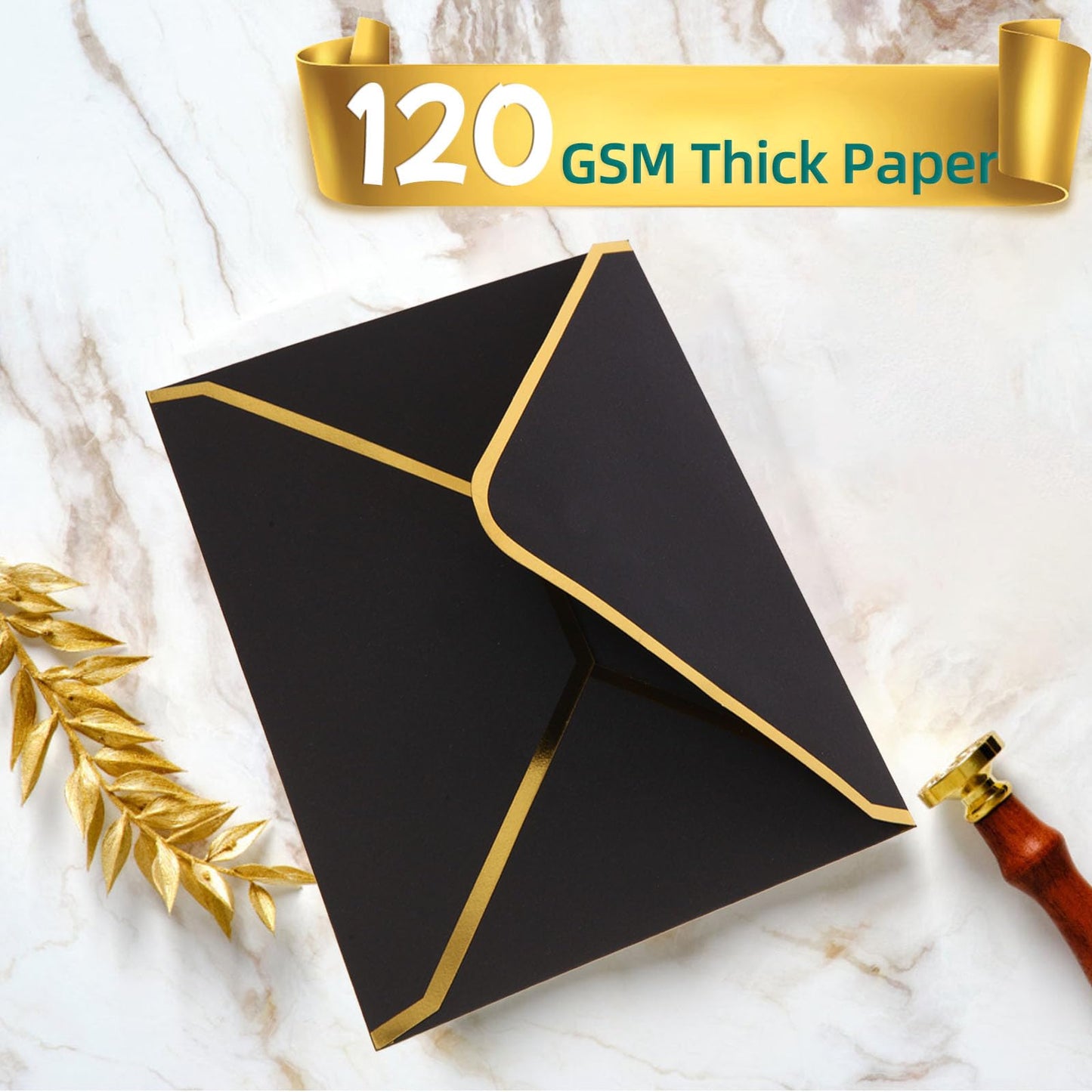 (50 Pack 5x7 Inch) Black Envelopes for Invitations with Gold Border, Self Adhesive A7 Envelopes with V-Flap, Great for Graduation, Invitation, Baby Shower, Wedding and RSVP Cards