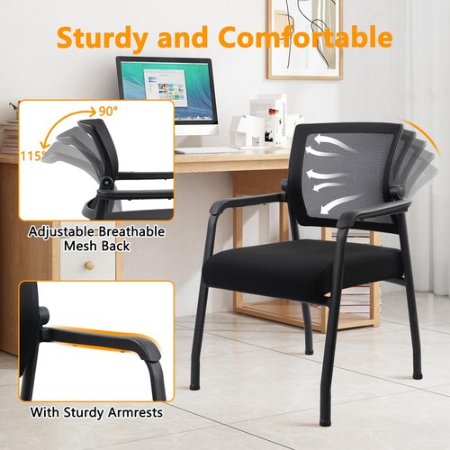 KLASIKA Guest Reception Chair No Wheels with Adjustable Mesh Backrest, Arm Chair with Ergonomic Lumbar Support and Thickened Seats Cushion, Waiting Room Chairs for Office School Church, Black, 2PACK
