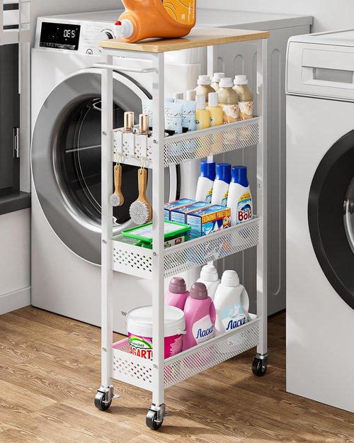 Giwil Slim Rolling Storage Cart - 4-Tier Bathroom Organizer with Wood Top & Handle | White
