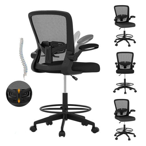 POWERSTONE Drafting Chair - Ergonomic Tall Office Chair for Standing Desk with 3IN Thick Cushion, Flip-up Arm, Adjustable Back Support & Footrest Workbench Rolling Stool Computer Chairs (Black 1 pcs)