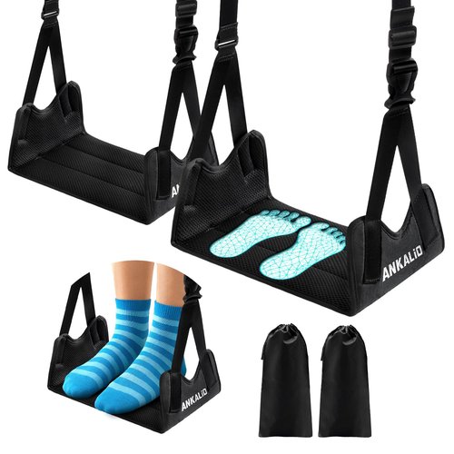 2 Pack No-Collapse Airplane Foot Hammock–Adjustable Foot Hammock for Plane Travel with Thick Bamboo Base, Lightweight Travel Footrest for Office, Flights(Black)