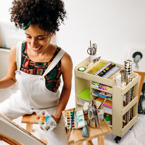 lukar Wooden Art Storage Cart with Wheels, 25.6" Art Supply Storage Organizer Cart, Multi-Functional Rolling Utility Carts for Kid, Arts Activity Carts for Storing A4 Paper, Brushes, Paint