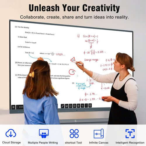LINGHUFOX 75'' Interactive Whiteboard, 4K Touchscreen Smart Whiteboard with Built-in Dual System Windows 16+256G and Android 14, Smart Board for Classroom and Business(Board+Wall Mount+Movable Stand)