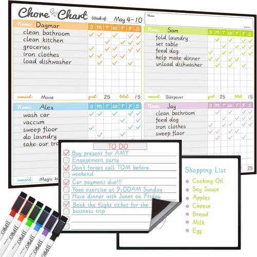 JJPRO Magnetic Dry Erase Chore Chart Set for Fridge | Includes Bonus Grocery Pads for Kids