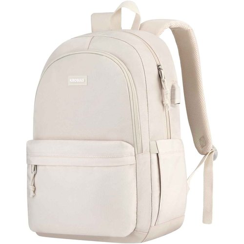 KROSIAS School Backpack for Teens Girls, Cute Student Bookbag Large 15.6 Inch Laptop Bag Aesthetic College Backpacks for Women High School Travel (Beige)