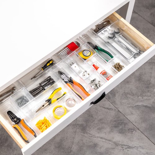 DCA 28 PCS Clear Plastic Drawer Organizer Set, 4-Size Versatile Bathroom and Vanity Drawer Organizer Trays, Storage Bins for Makeup, Jewelries, Kitchen Utensils and Office