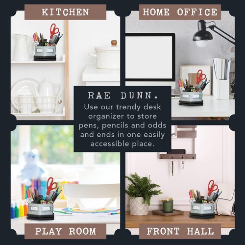 Rae Dunn by Designstyles Rotating Decorative Organizer – Steel Desktop Stationary Spinner Holder - 6 Compartment Table, Dresser and Counter Top Pen and Pencil Cup - Office, Home and Art Supplies