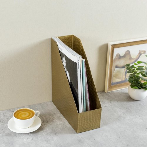 MyGift Vintage Brass Tone Metal Desktop Magazine File Holder Bin with Hammered Texture Design, Office Desk Document Folder Storage Organizer - Handcrafted in India