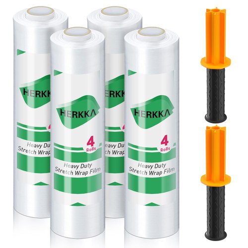Stretch Film, HERKKA Stretch Wrap with Handles Industrial Strength, Moving Wrapping Plastic Roll, Shrink Wrap for Pallet Wrap, 15" x 1000 Feet, 4 Pack, 60 Gauge