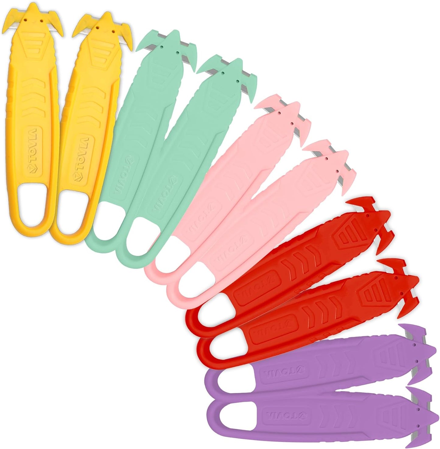 T TOVIA Safety Box Cutter Knife - Recessed Stainless Steel Blade | 10-Pack Plastic Cutter in 5 Colors